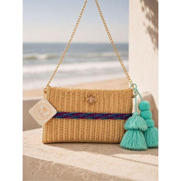 BeeLoved Handbags - NWT BeeLoved Artisan Wicker Coastal Clutch Crossbody Bag w/ Tassel Charm